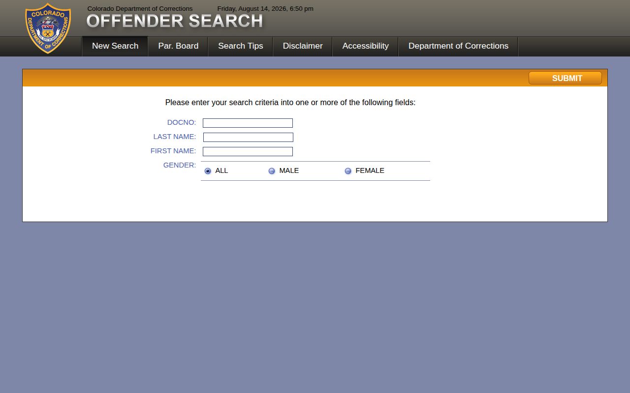 Moffat County arrest lookup through Colorado DOC offender search fields
